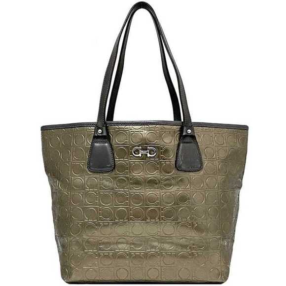 Salvatore Ferragamo Tote Bag ec-22335 Gold Grey Gancini PVC Leather FJ-21 B476